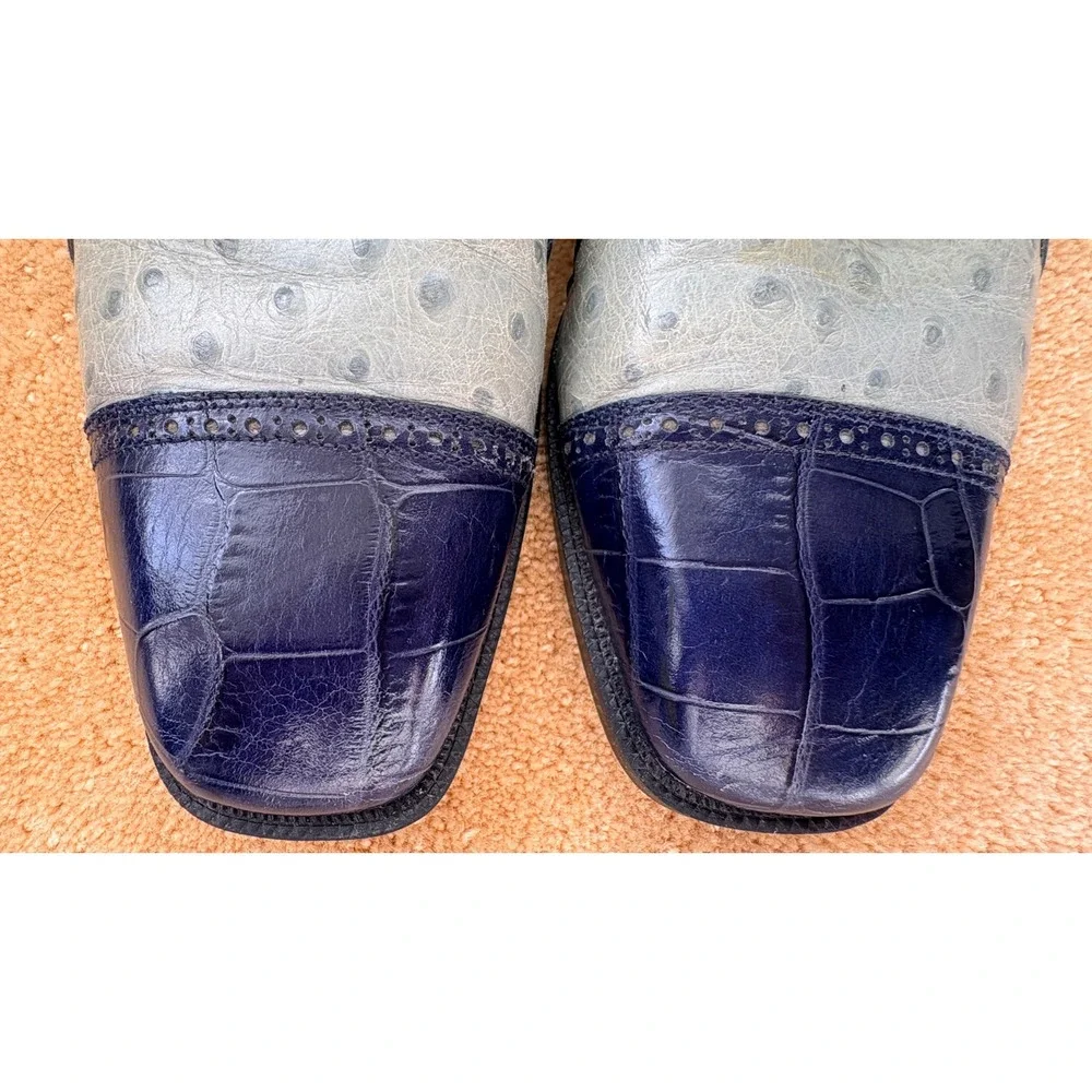 VTG Stacy Adams Mens Cap Toe Oxford Shoes Sz 10M Blue Ostrich Alligator Embossed